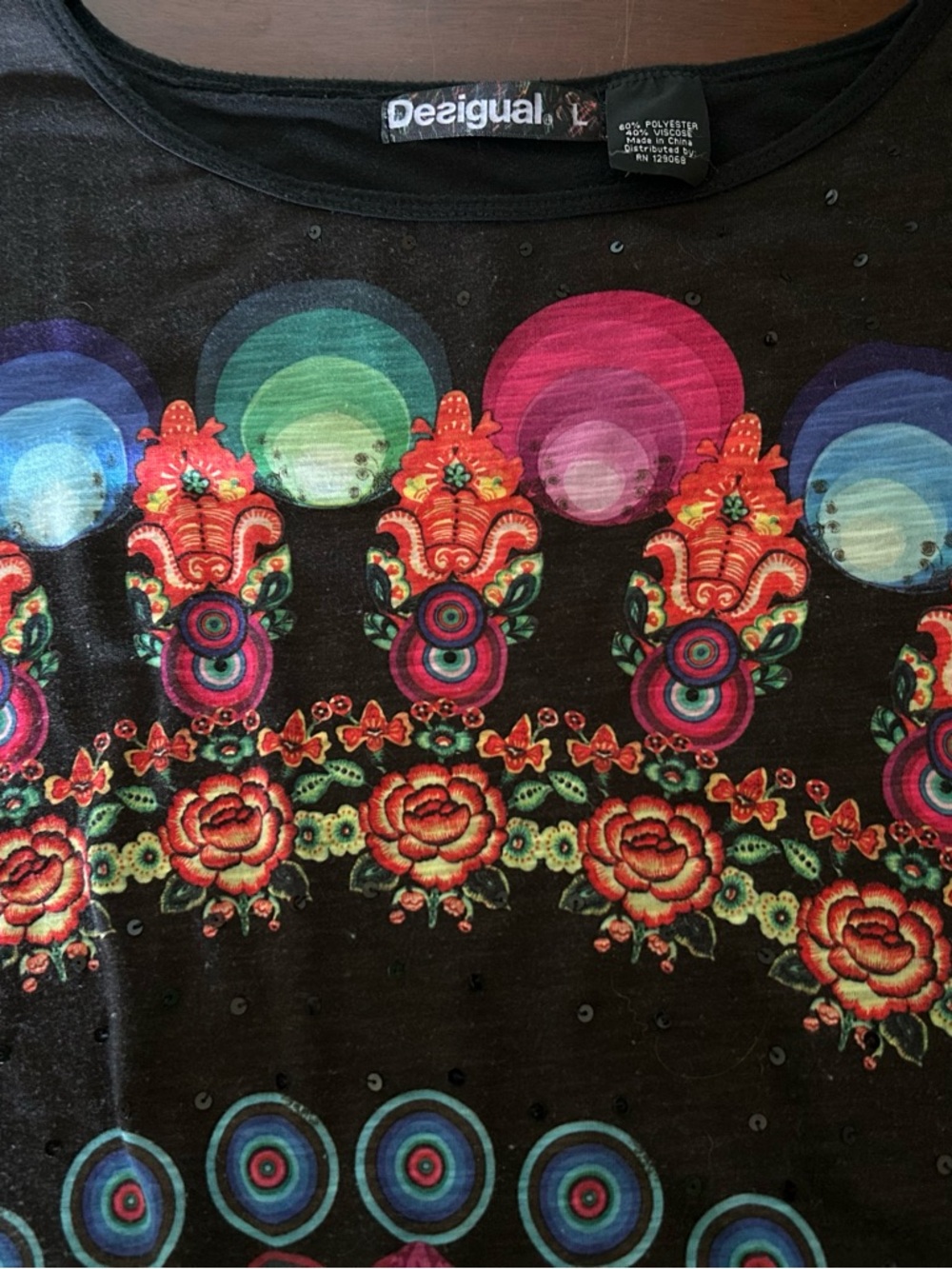 Desigual Black Tee with Multicolor Floral & Circular Motif